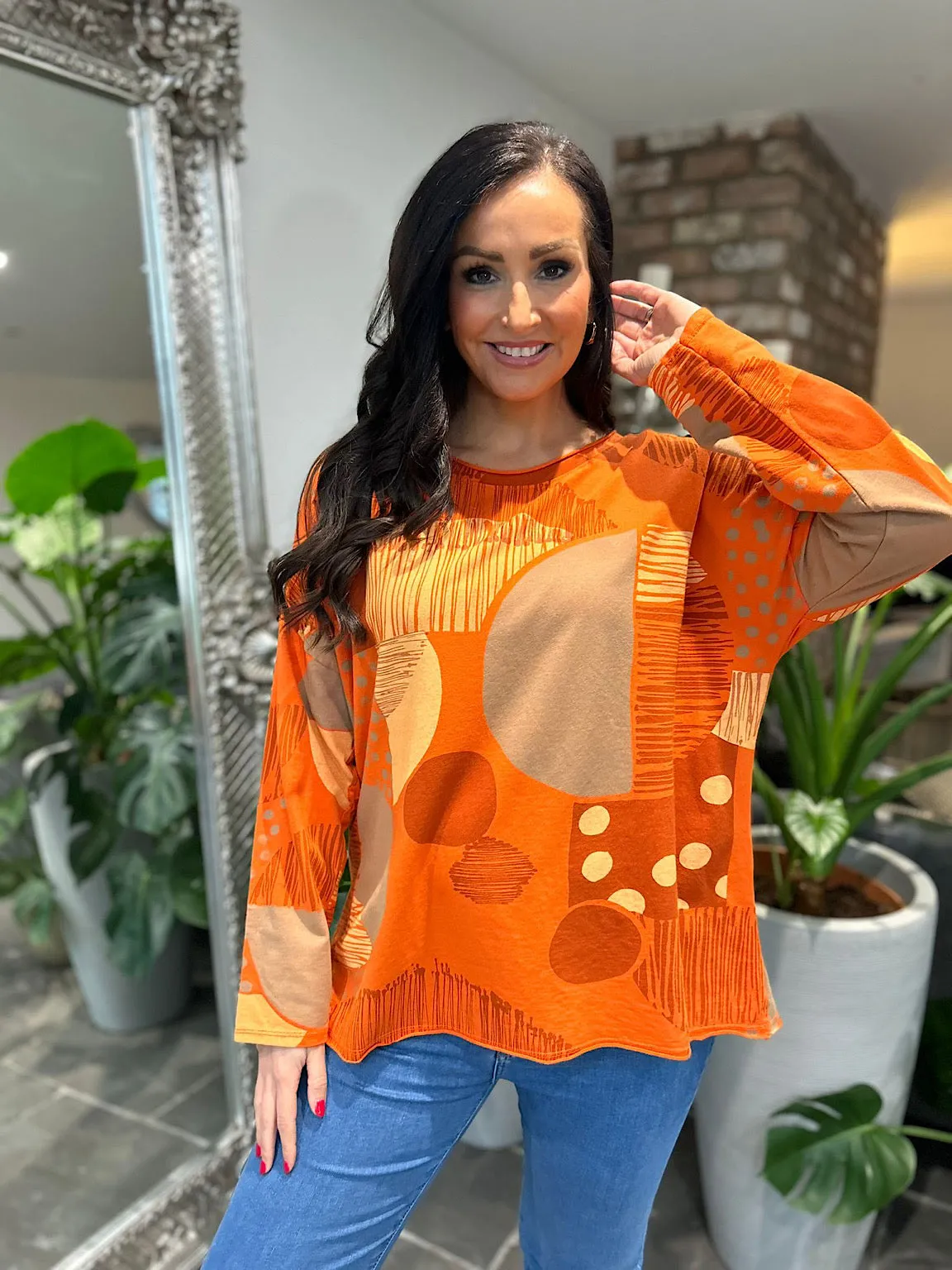 Orange Circle Multi Print Top Tilly