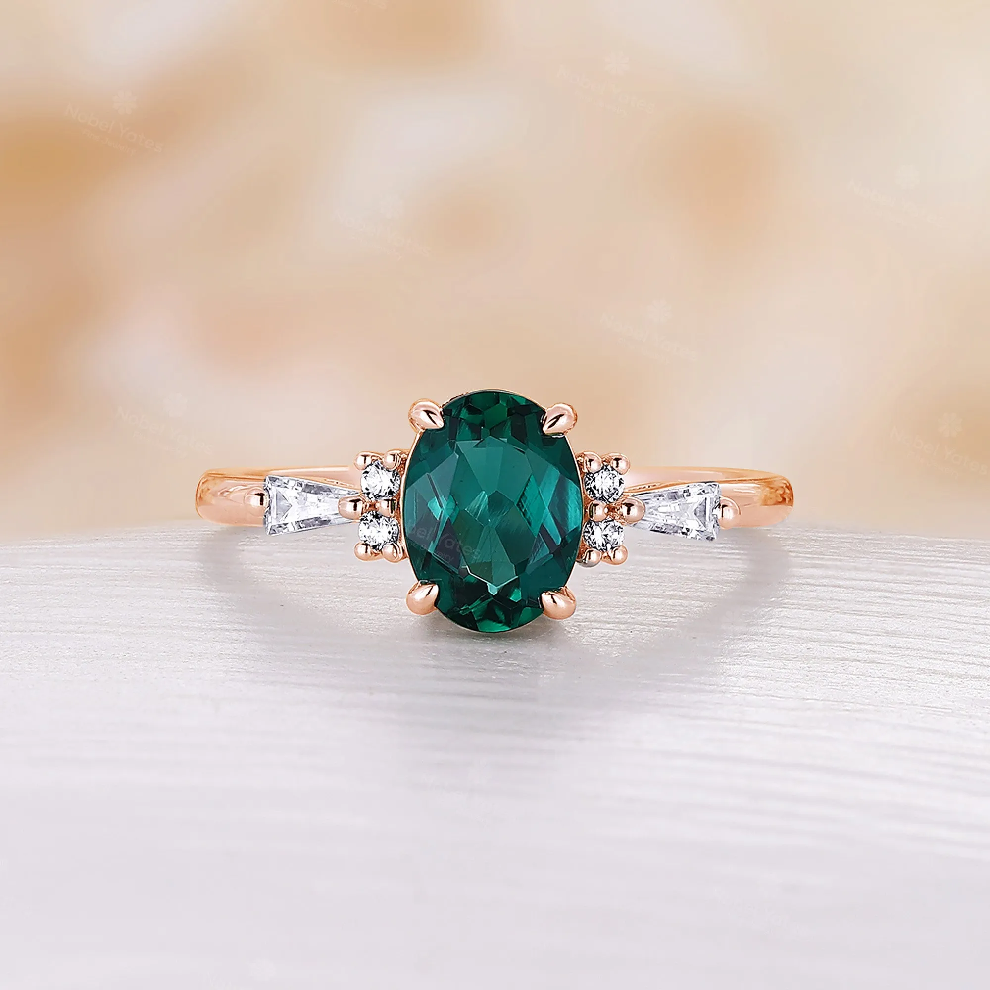 Oval Shape Lab Emerald Rose Gold Engagement Ring Baguette Diamond