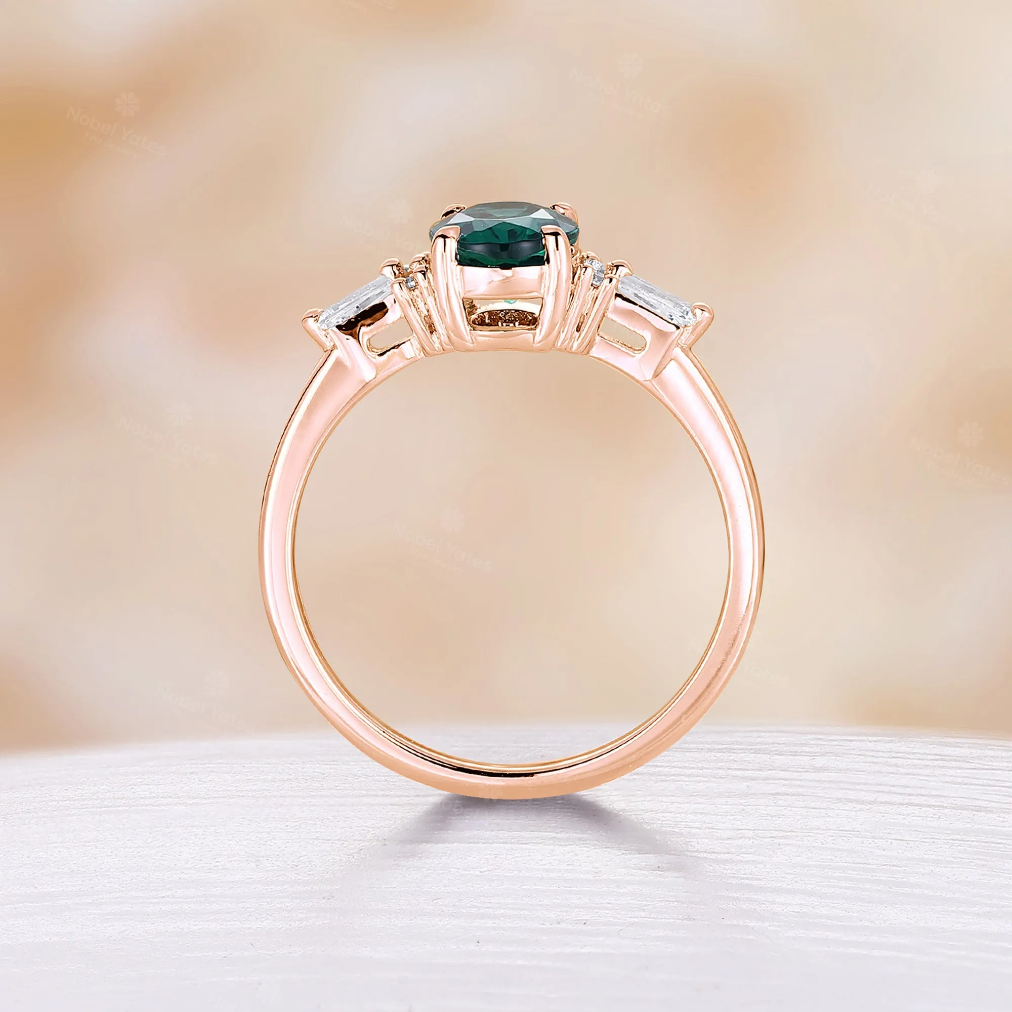 Oval Shape Lab Emerald Rose Gold Engagement Ring Baguette Diamond