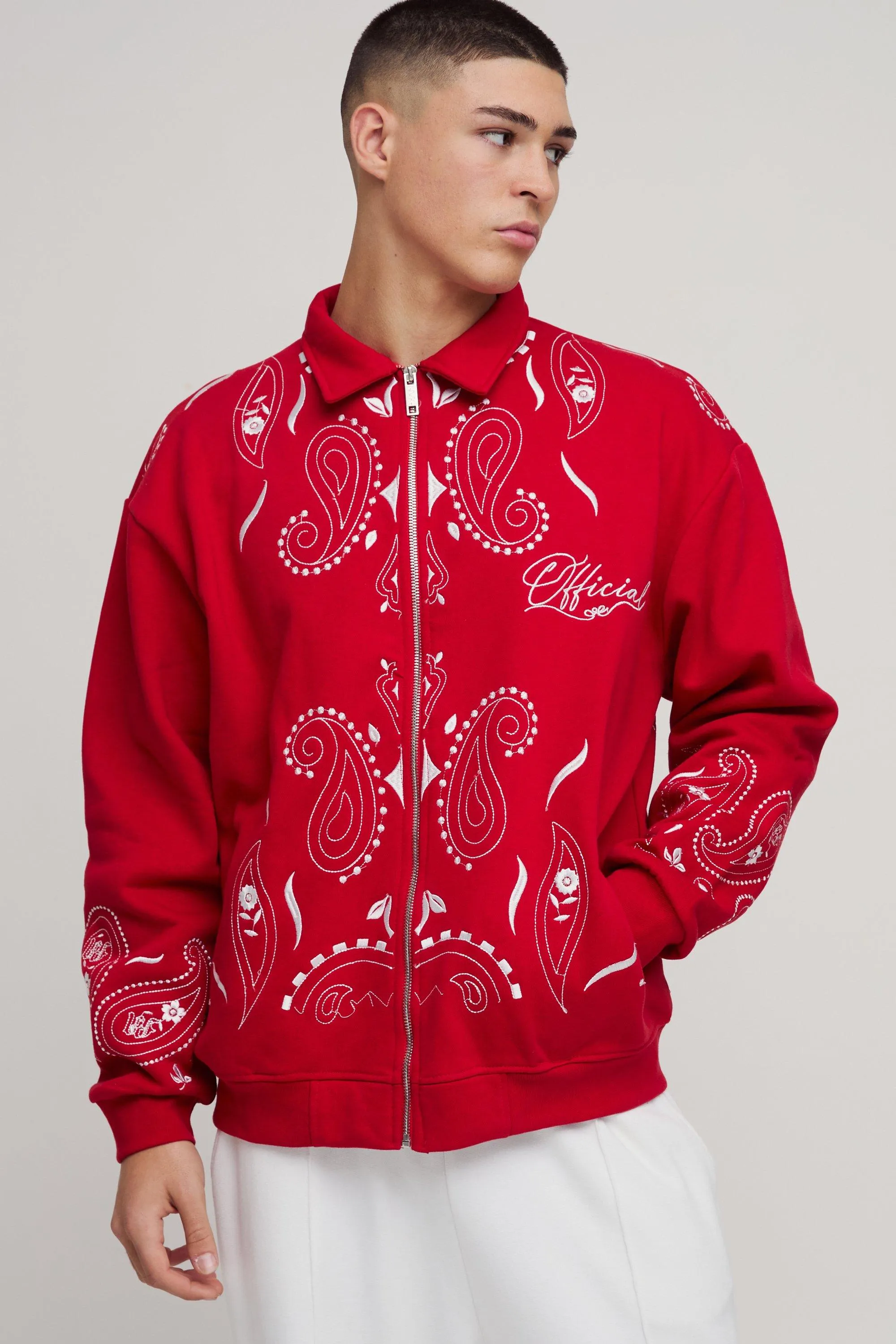 Oversized Embroidered Paisley Harrington Jacket