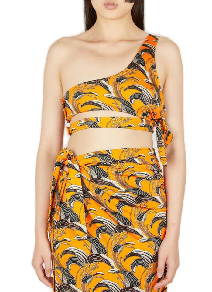 Paco Rabanne Allover Graphic Print One Shoulder Cropped Top