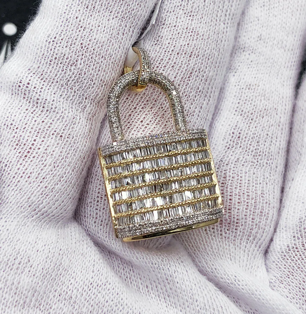 Padlock Baguette Diamond Pendant 1.30cttw 10K Yellow Gold