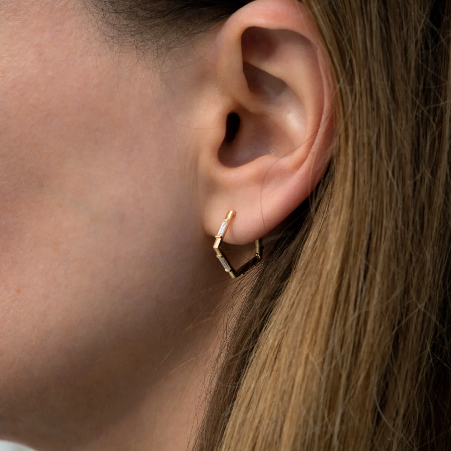 Pentagon Shaped Hoop Earrings with Baguette Diamonds