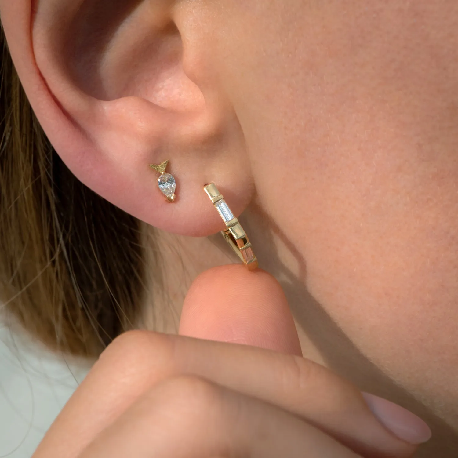 Pentagon Shaped Hoop Earrings with Baguette Diamonds