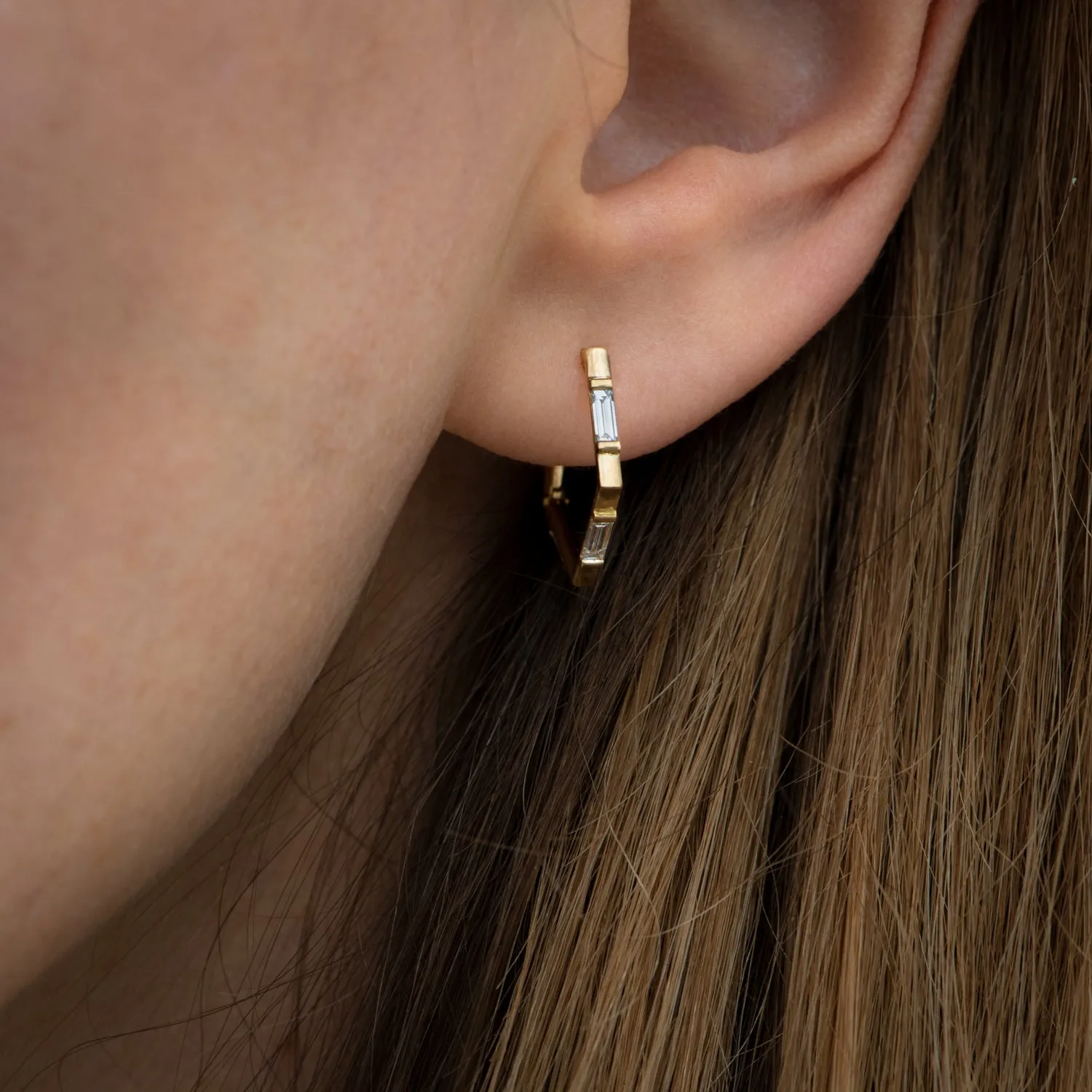 Pentagon Shaped Hoop Earrings with Baguette Diamonds