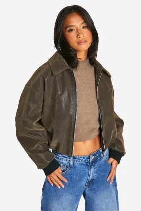 Petite Vintage Look Faux Leather Bomber Jacket