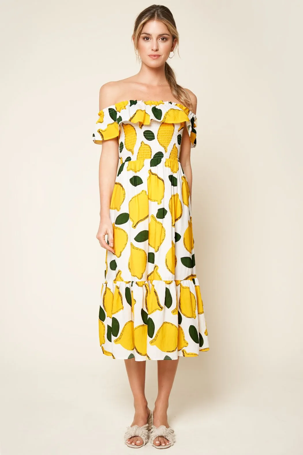 Pucker Up White Lemon Print Off The Shoulder Maxi Dress