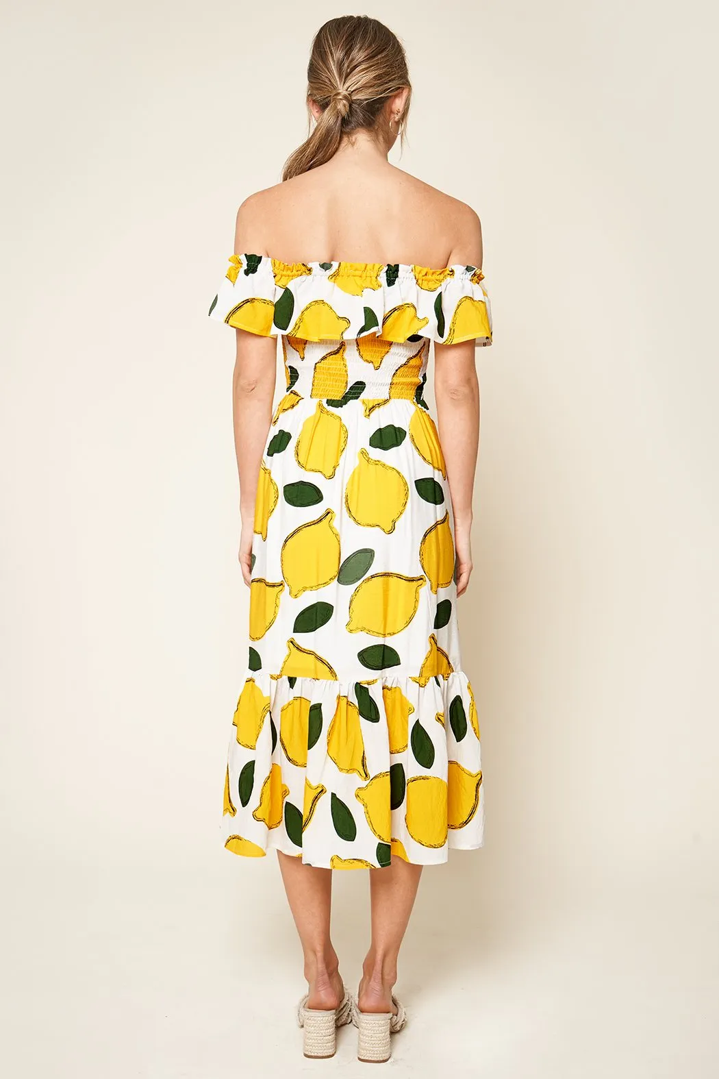 Pucker Up White Lemon Print Off The Shoulder Maxi Dress