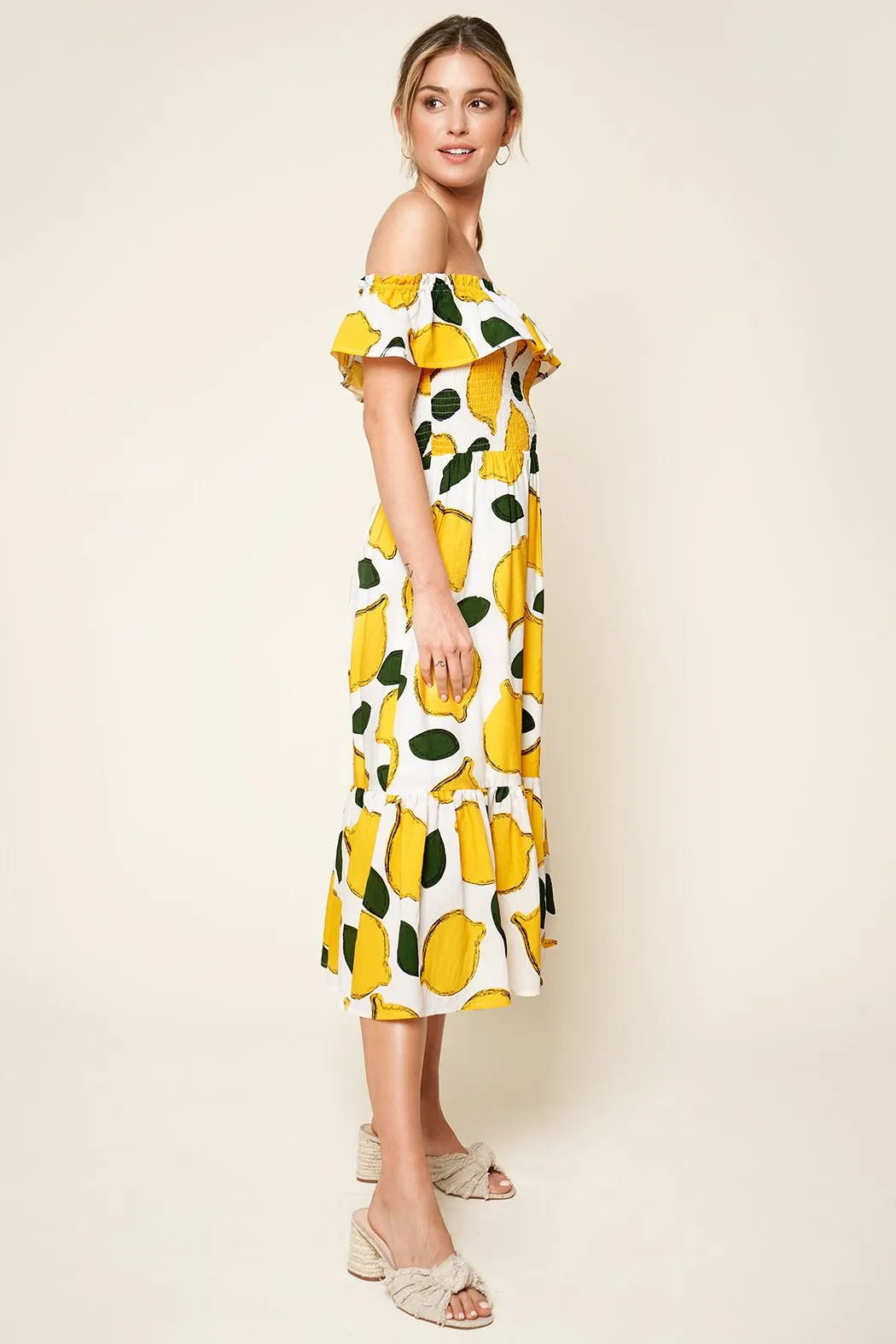 Pucker Up White Lemon Print Off The Shoulder Maxi Dress