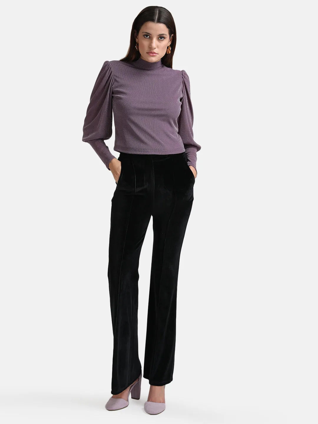 Puff Sleeves Top With Band Neck