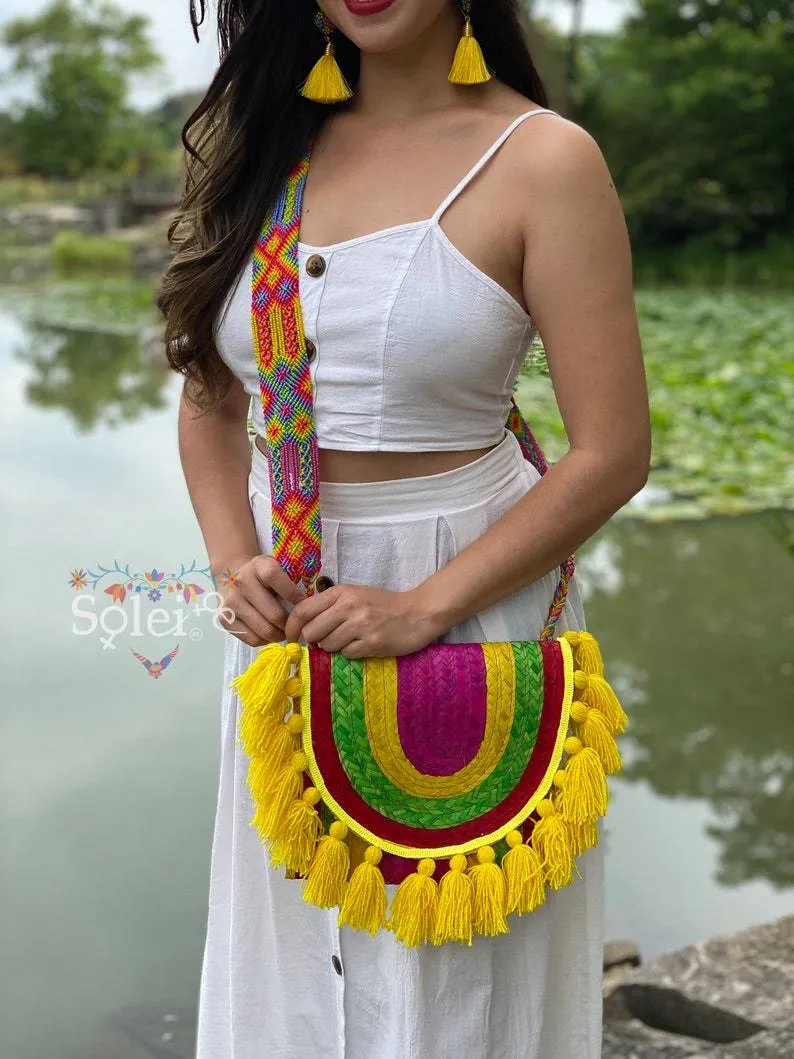 Rainbow Artisanal Mexican Palm Purse with Tassels. Palma Crossbody