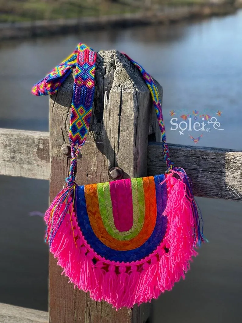 Rainbow Artisanal Mexican Palm Purse with Tassels. Palma Crossbody