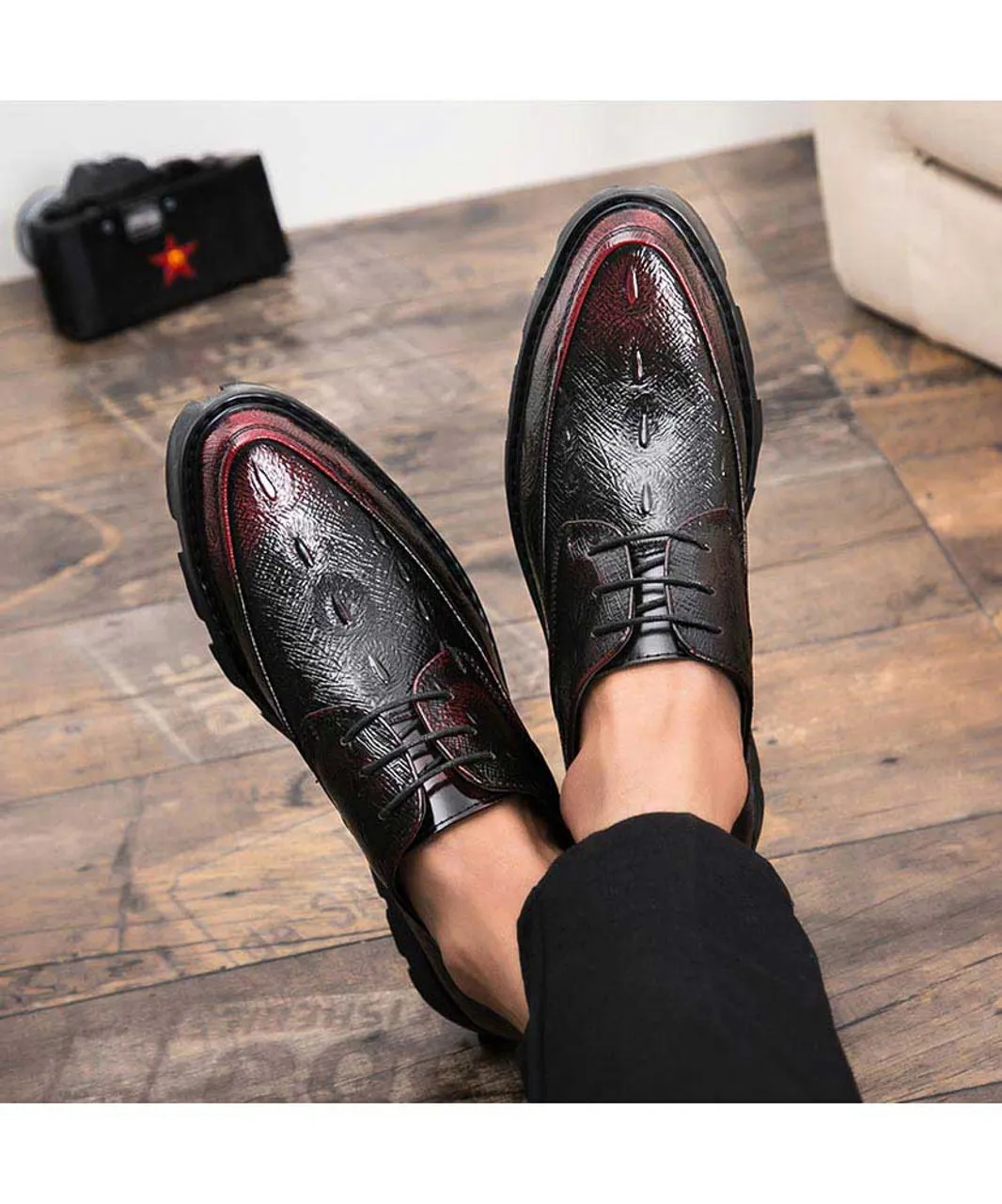 Red texture pattern leather derby dress shoe