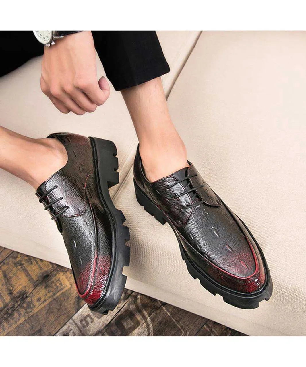 Red texture pattern leather derby dress shoe