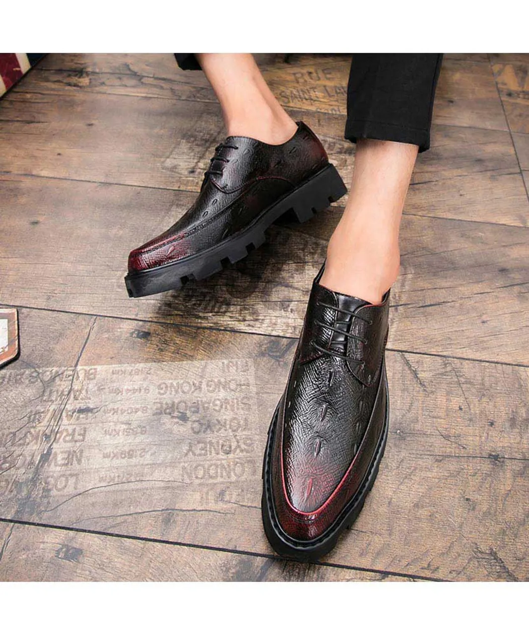 Red texture pattern leather derby dress shoe