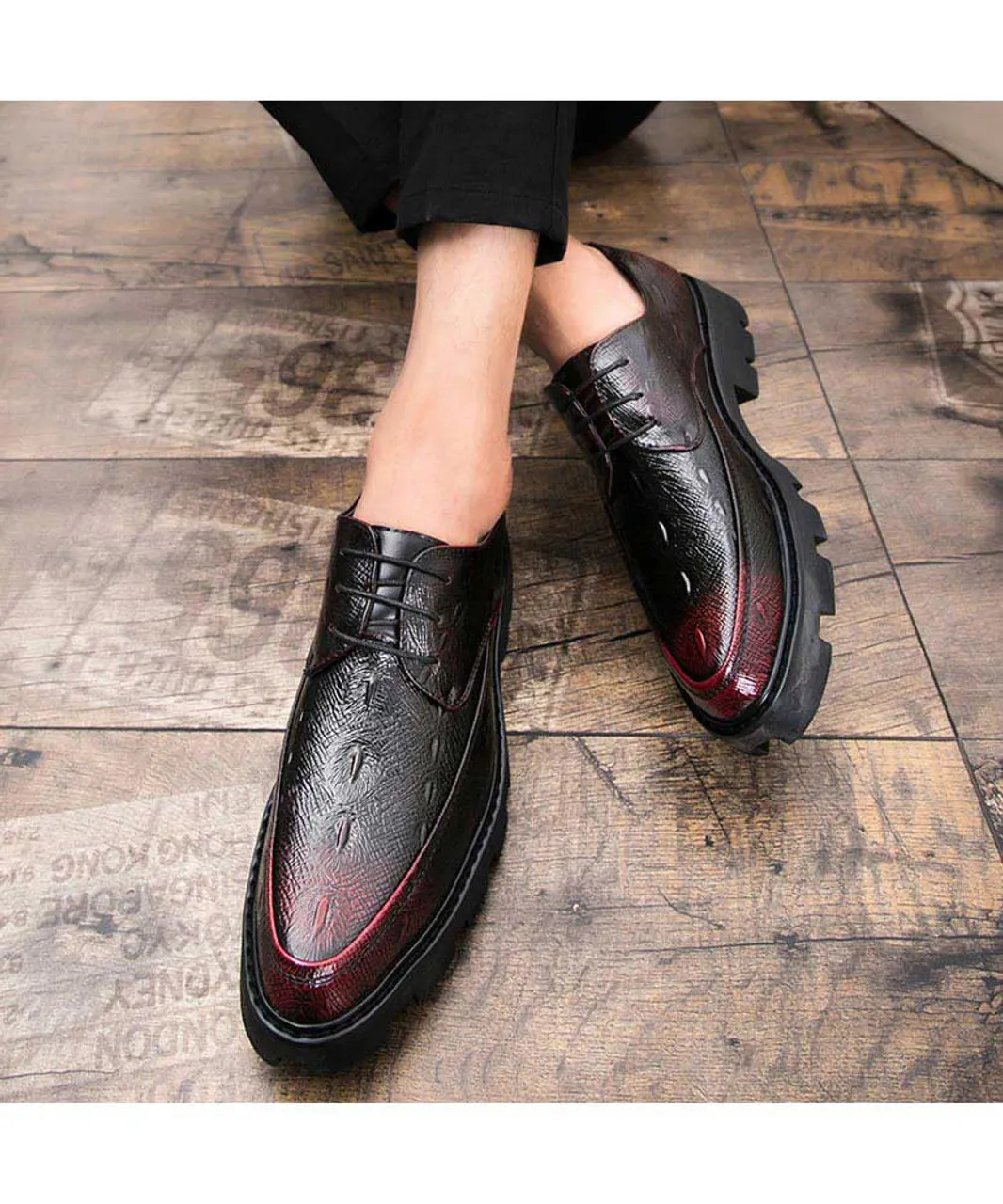 Red texture pattern leather derby dress shoe