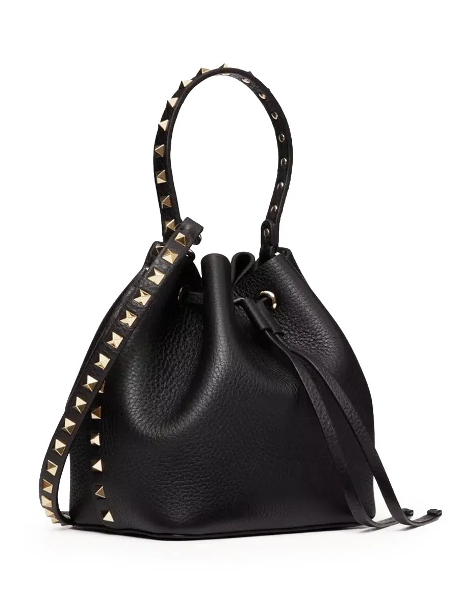 Rockstud Grainy Calfskin Bucket Bag in Black