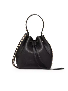 Rockstud Grainy Calfskin Bucket Bag in Black