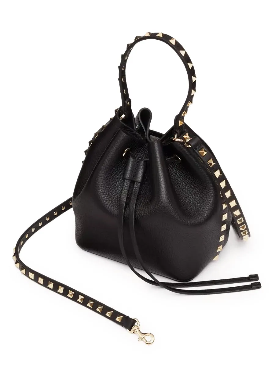 Rockstud Grainy Calfskin Bucket Bag in Black