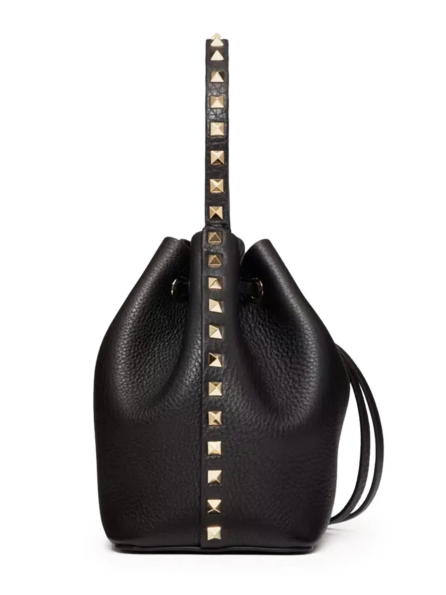 Rockstud Grainy Calfskin Bucket Bag in Black