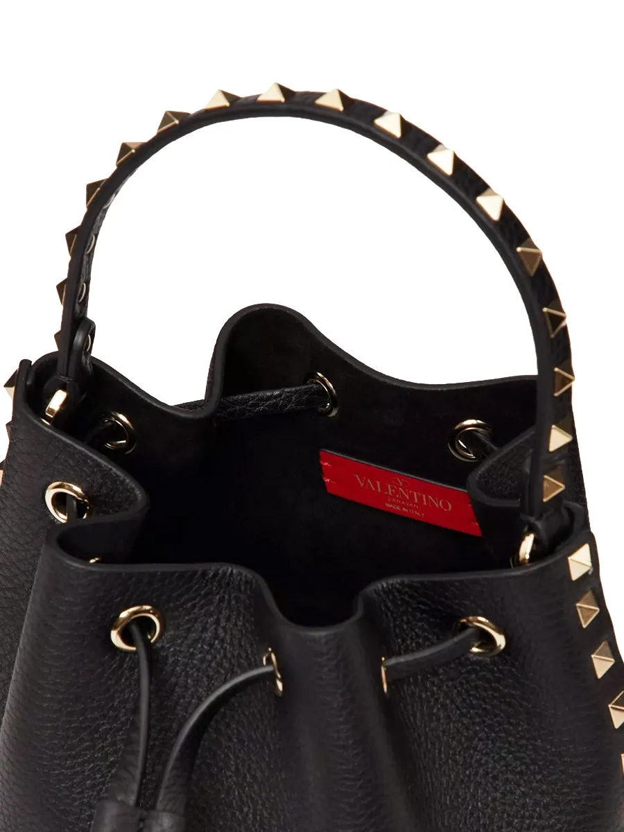 Rockstud Grainy Calfskin Bucket Bag in Black