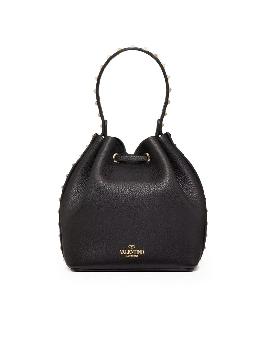 Rockstud Grainy Calfskin Bucket Bag in Black