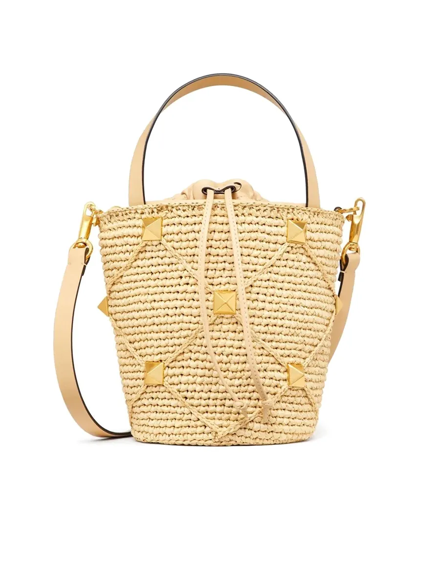 Roman Stud Raffia Bucket Bag