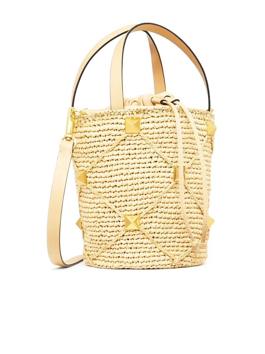 Roman Stud Raffia Bucket Bag