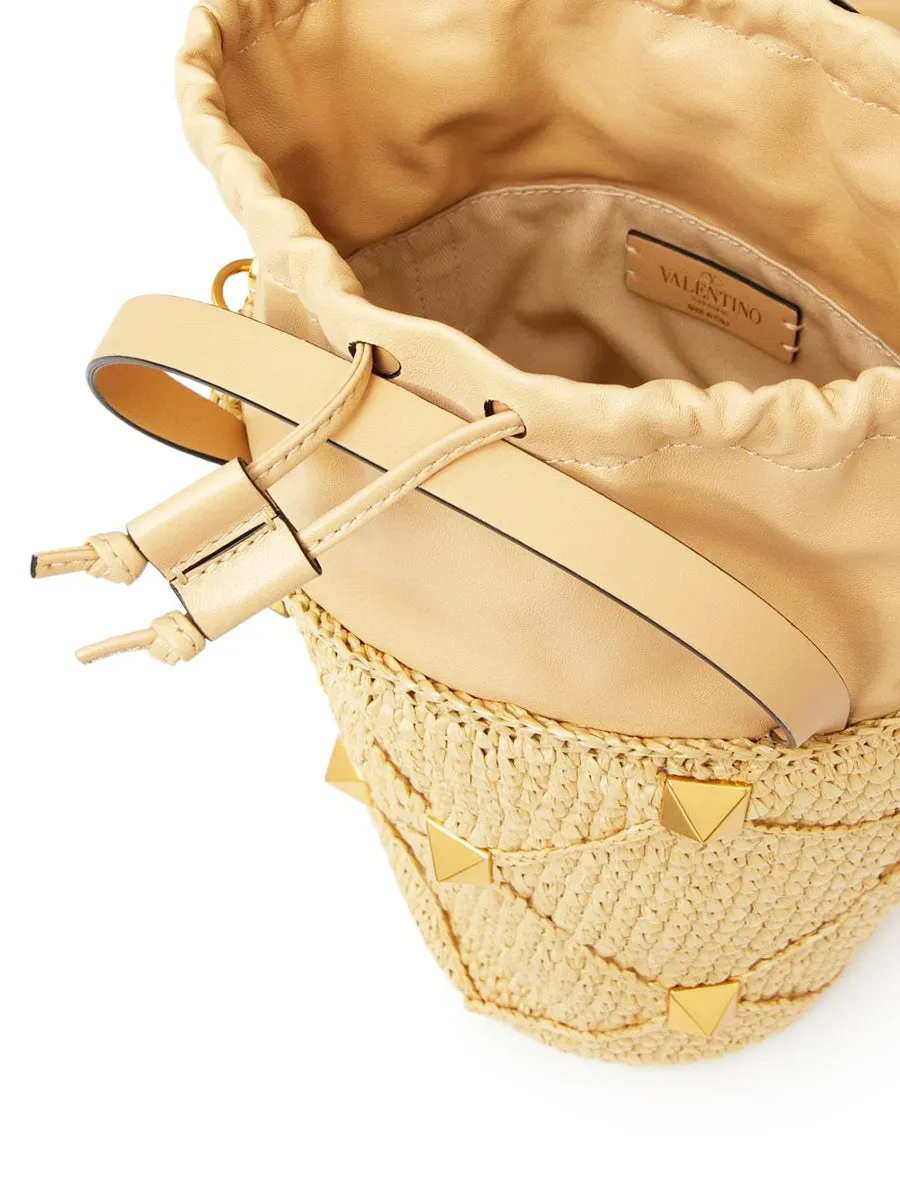 Roman Stud Raffia Bucket Bag