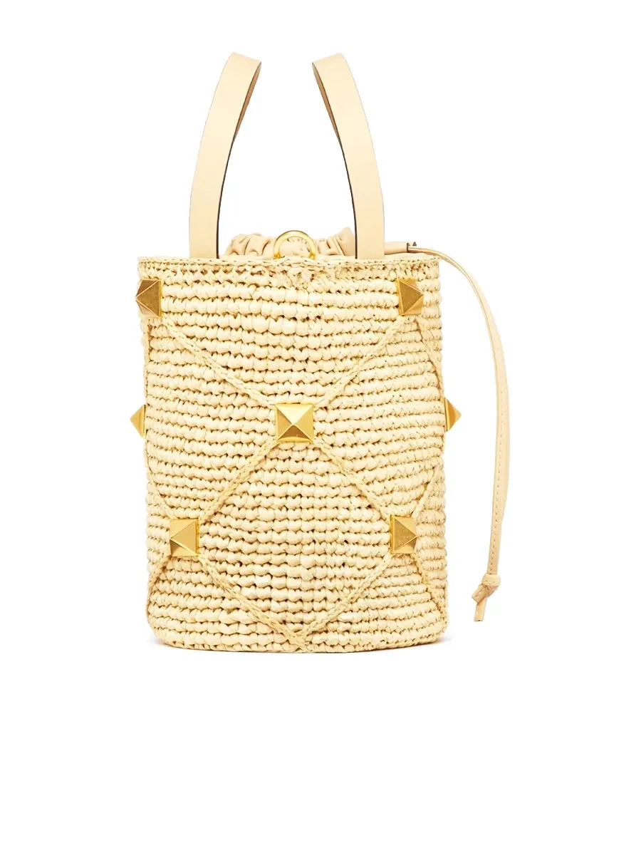 Roman Stud Raffia Bucket Bag