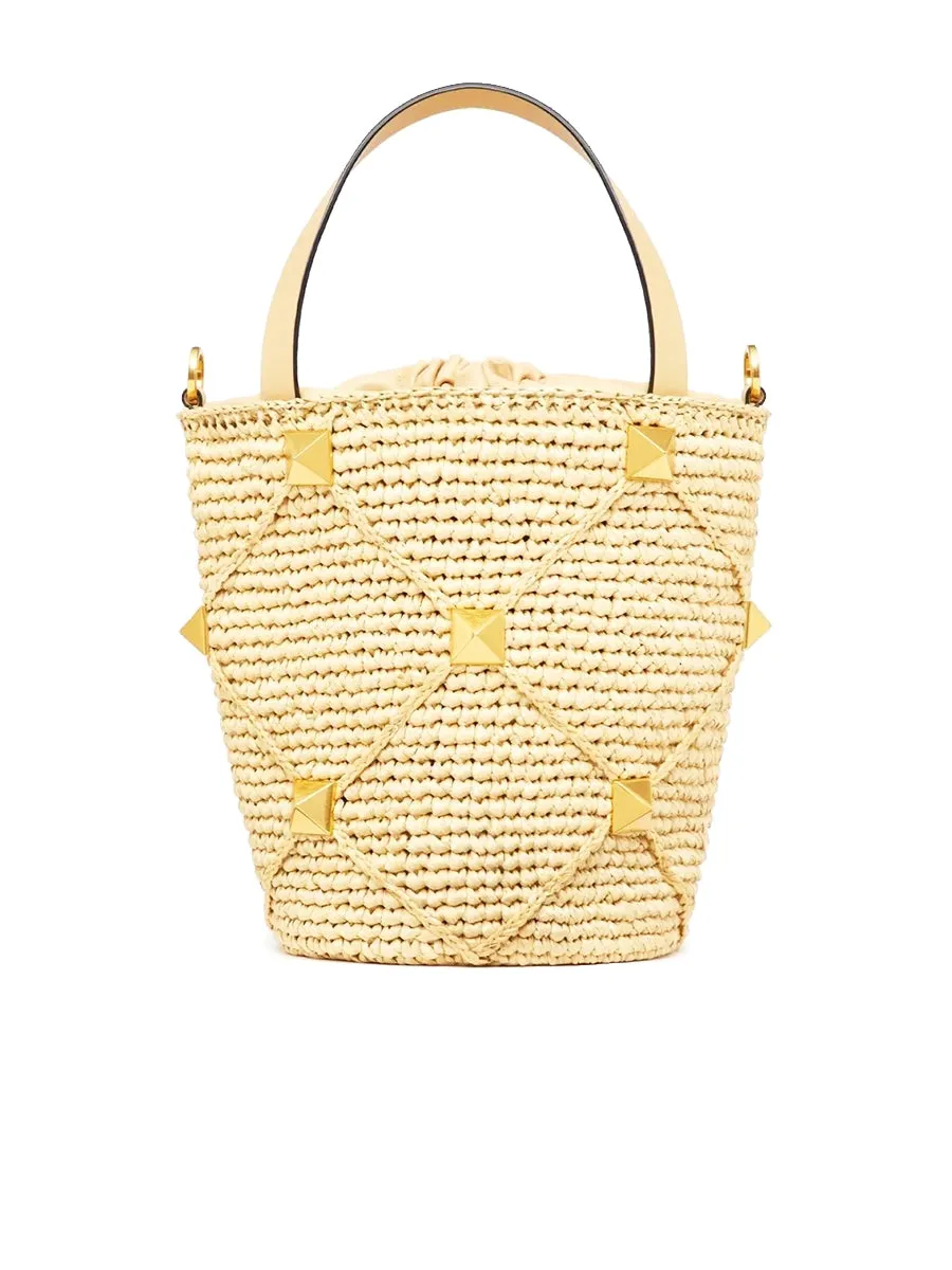 Roman Stud Raffia Bucket Bag