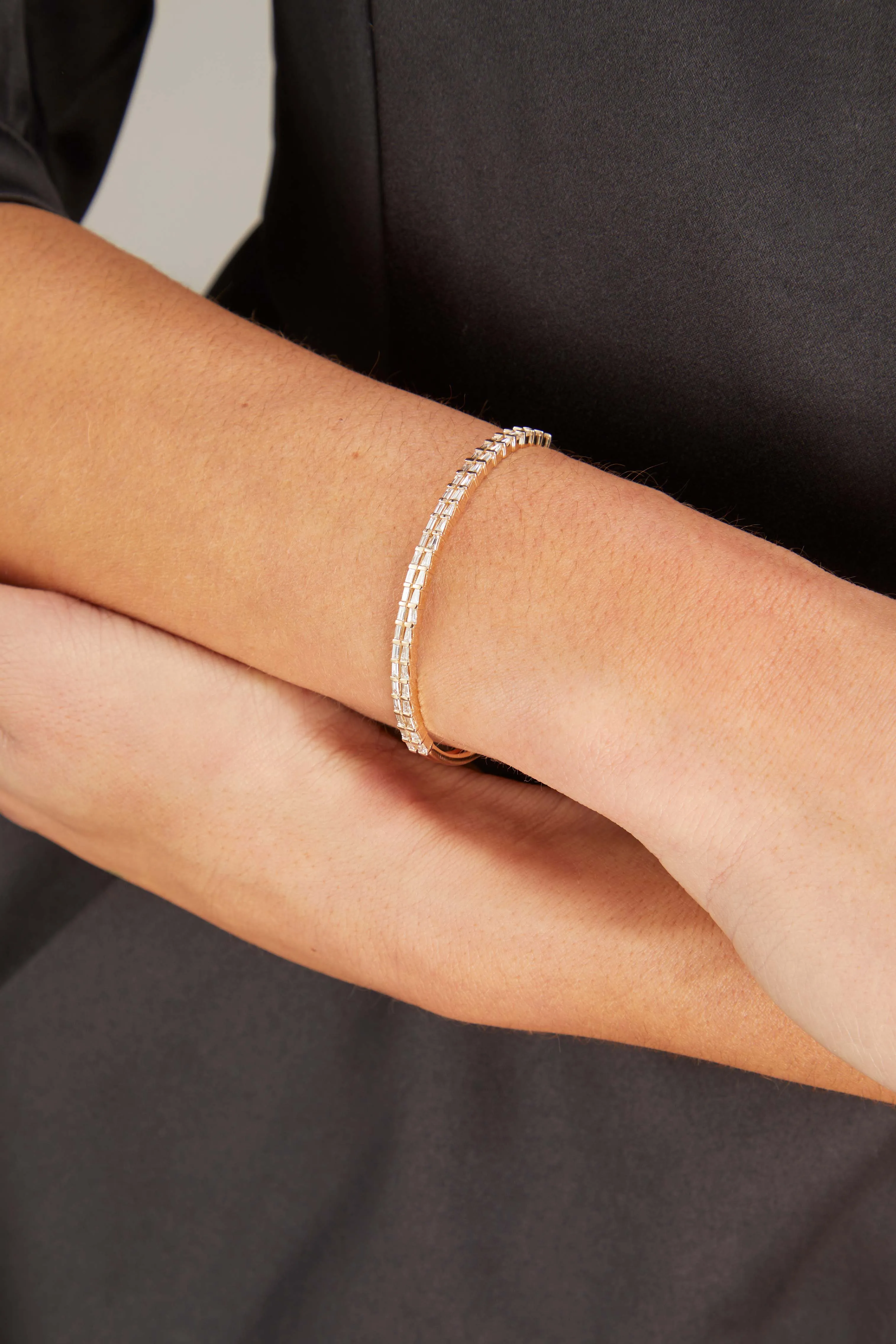 Sadie Pearl Tapered Baguette Double Row Cuff in Yellow Gold