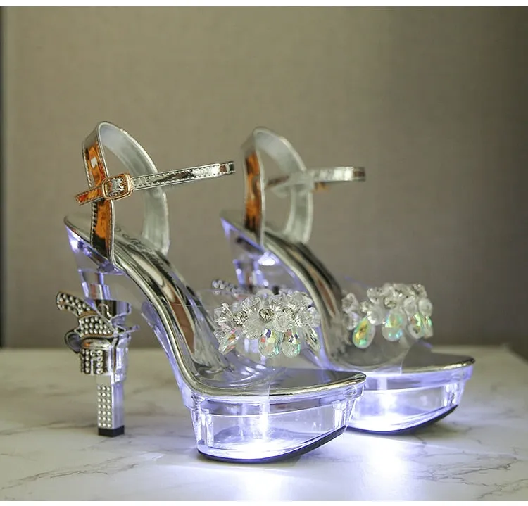 Sexy Pistol High Heel Sandals LED Glowing Rhinestones Platforms for Women