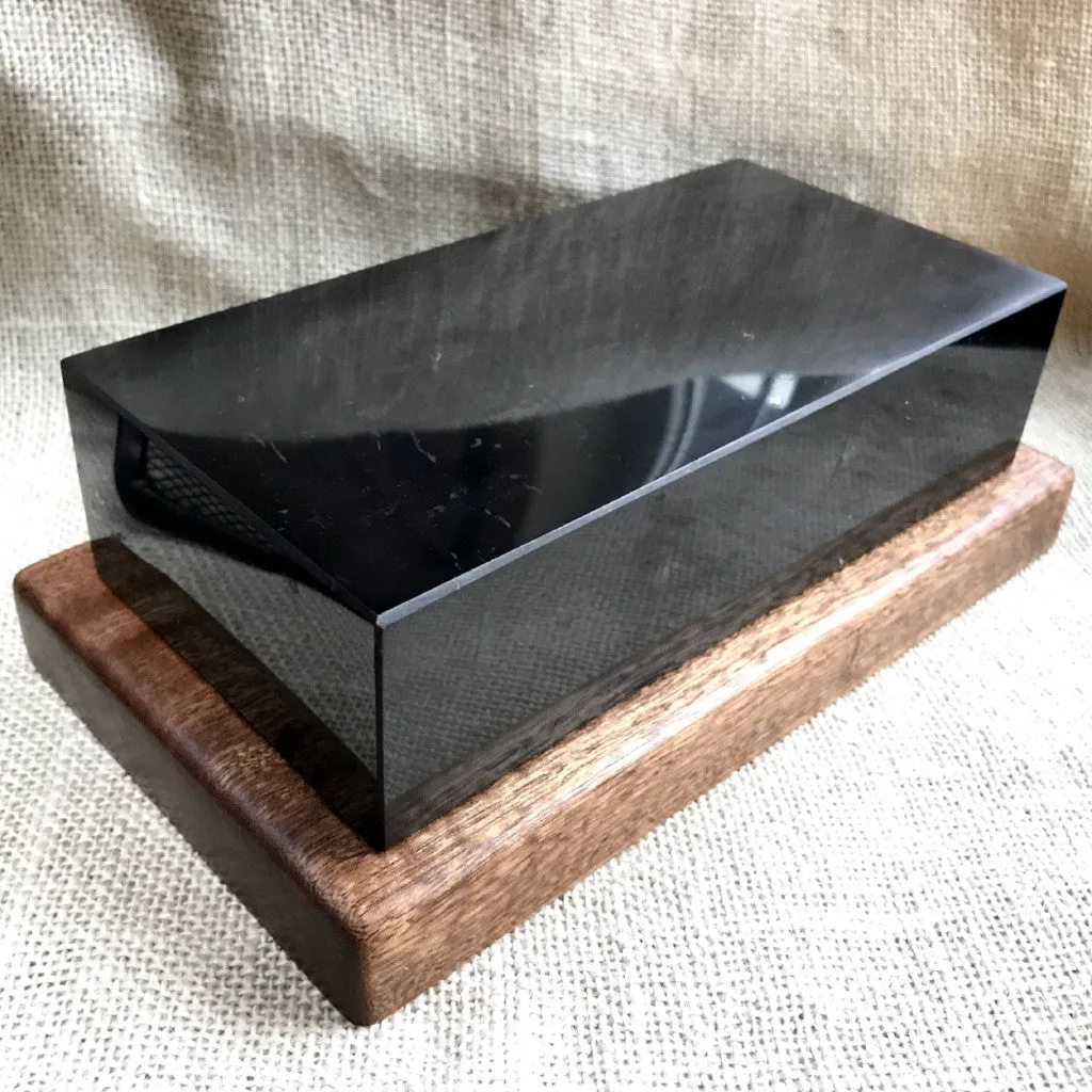 Shungite Brick, Genuine Black Shungite on Custom Mahogany Base