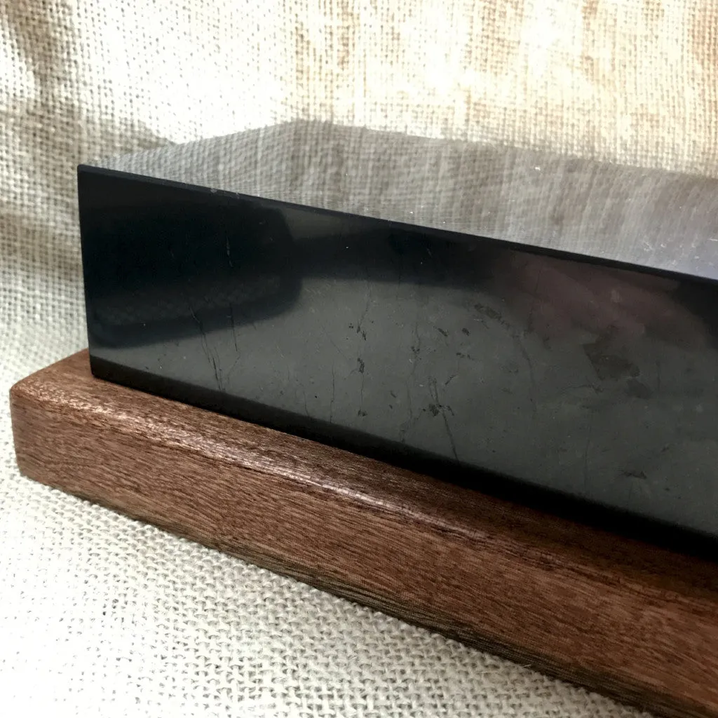 Shungite Brick, Genuine Black Shungite on Custom Mahogany Base