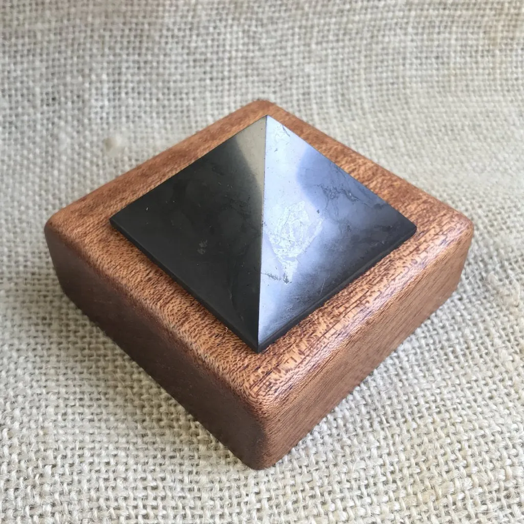 Shungite Pyramid, 3 Inch Base, Custom Wood Stand