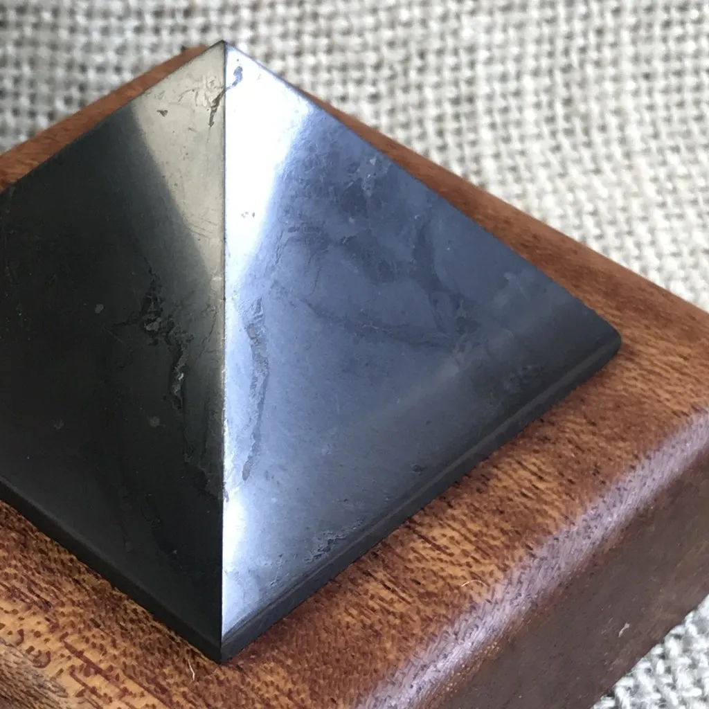 Shungite Pyramid, 3 Inch Base, Custom Wood Stand