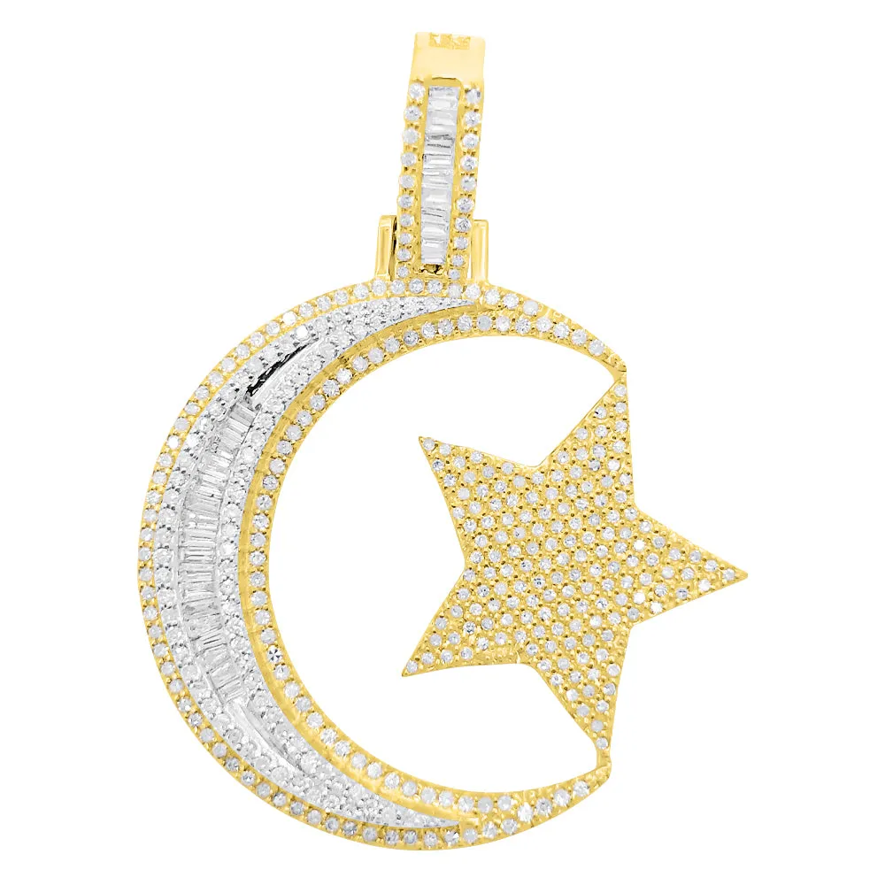 Star and Crescent Baguette Diamond Pendant 1.30cttw 10K Yellow Gold