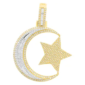 Star and Crescent Baguette Diamond Pendant 1.30cttw 10K Yellow Gold