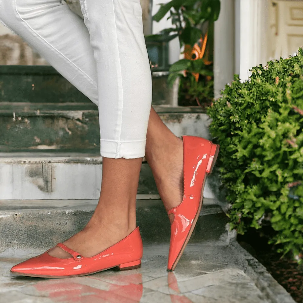 Tamaris 22101 Pointed Toe Ballet Pumps in Orange Patent