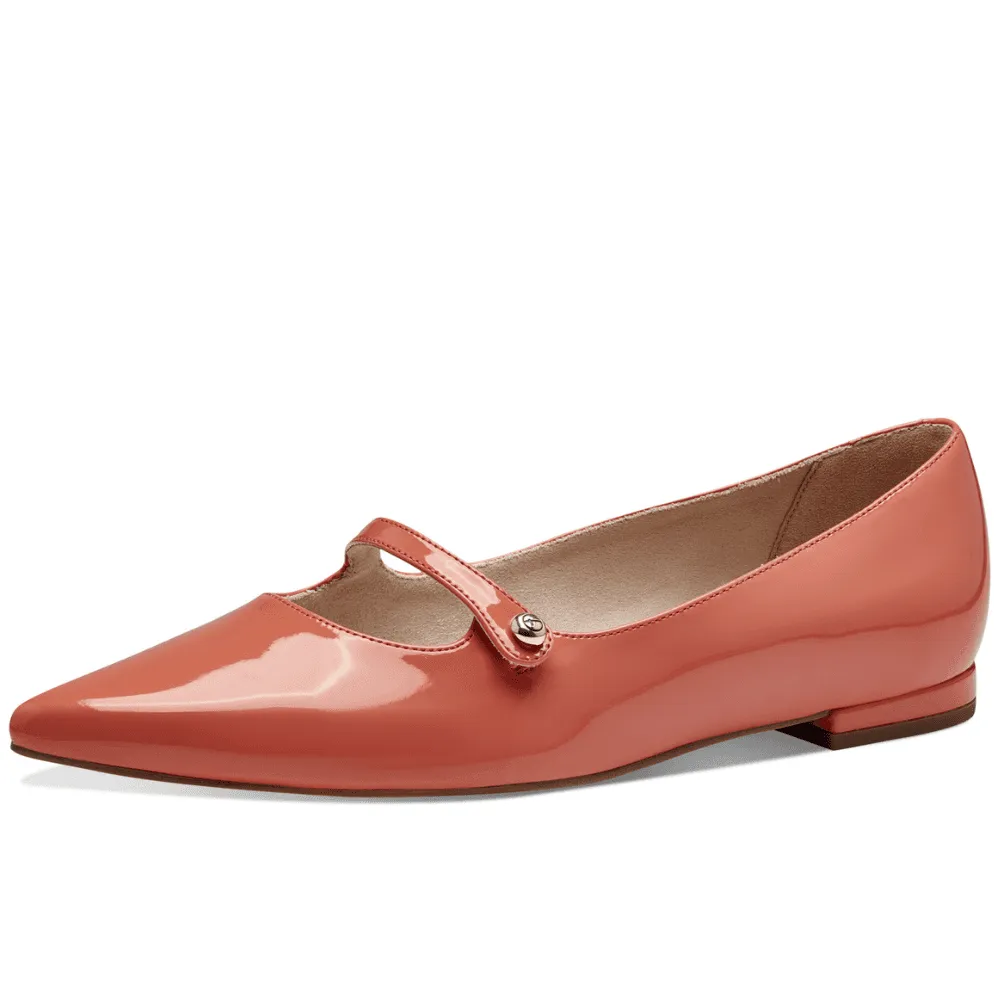 Tamaris 22101 Pointed Toe Ballet Pumps in Orange Patent