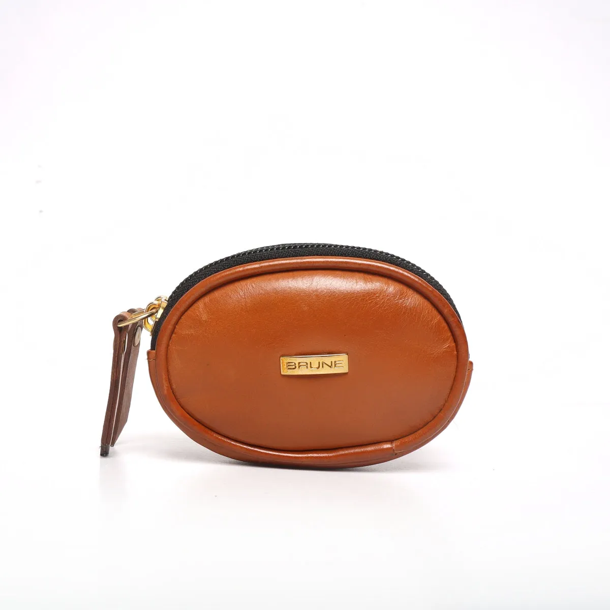 Tan Oval Shape With Metallic Zipper Coin Purse By Brune & Bareskin