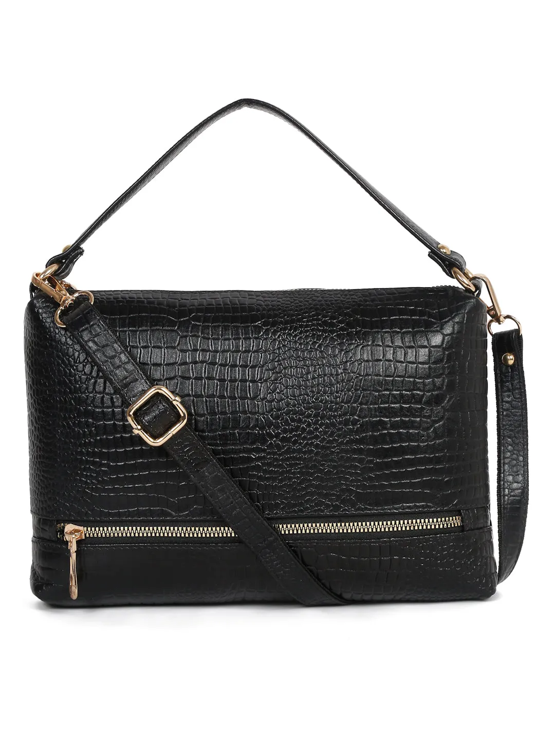 Teakwood Women's Croc Texture Black Sling Bag