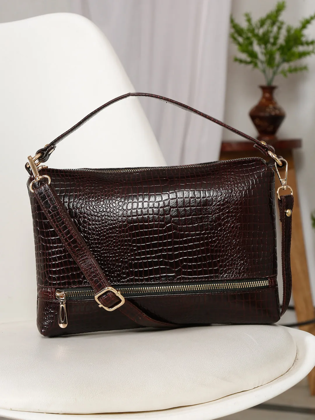 Teakwood Women's Croc Texture Brown Sling Bag