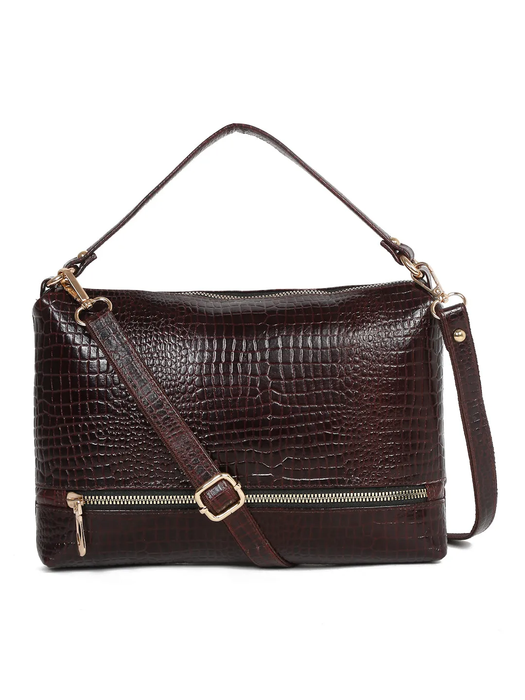 Teakwood Women's Croc Texture Brown Sling Bag