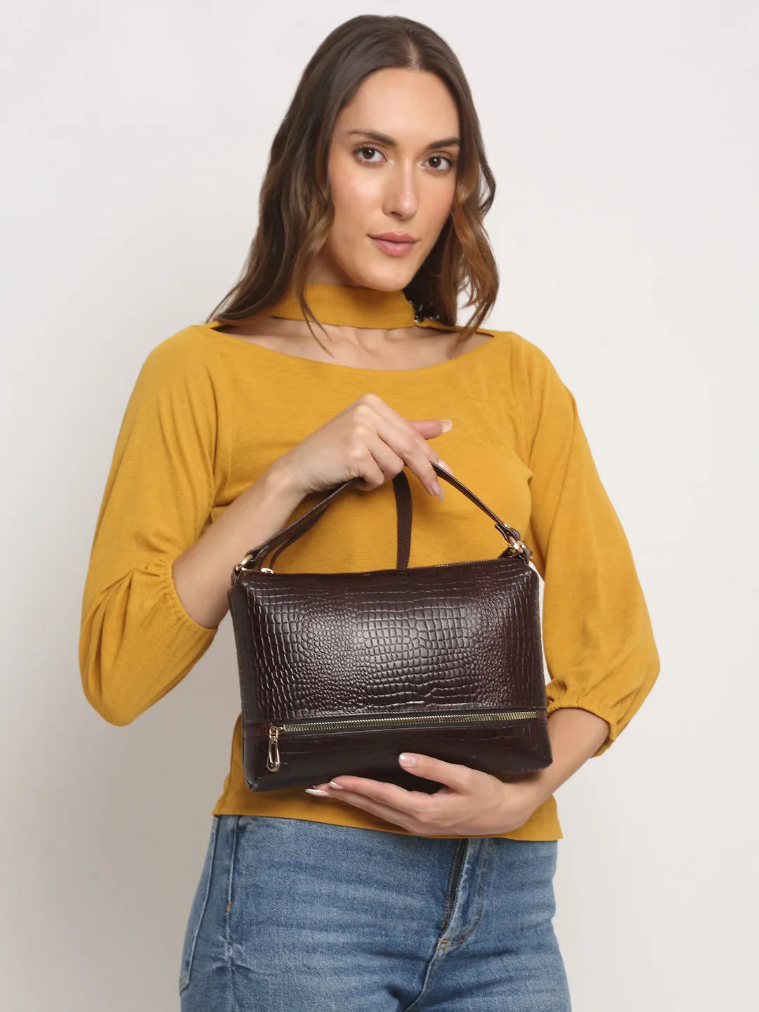 Teakwood Women's Croc Texture Brown Sling Bag