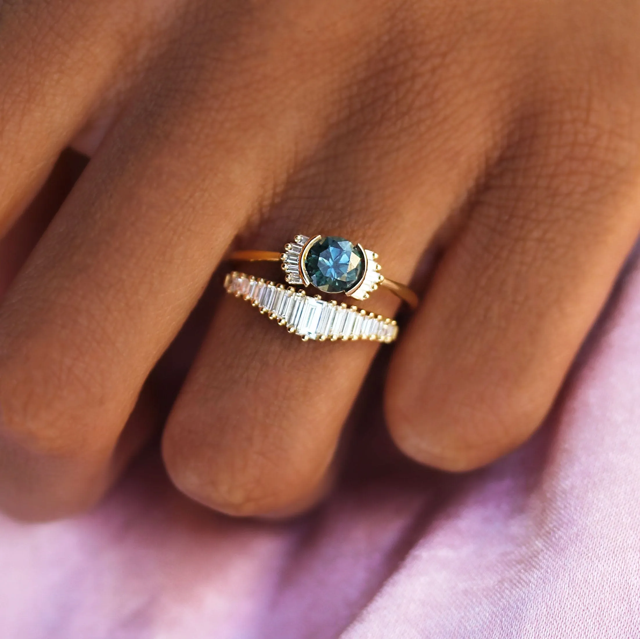 Teal Sapphire Baguette Ring