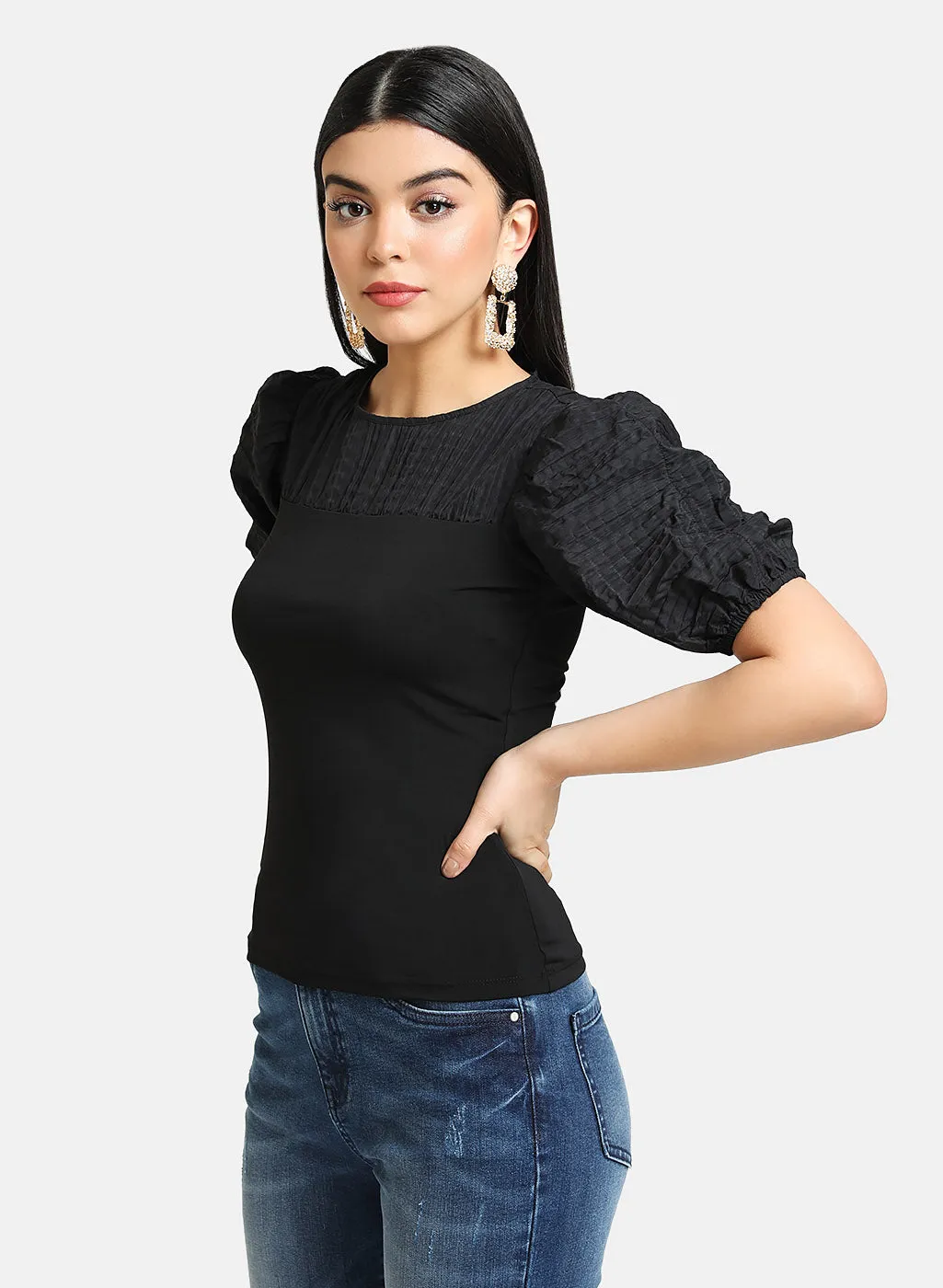 Textured Puff Sleeves Fitted Top