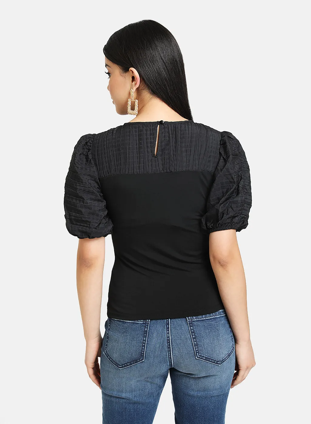 Textured Puff Sleeves Fitted Top