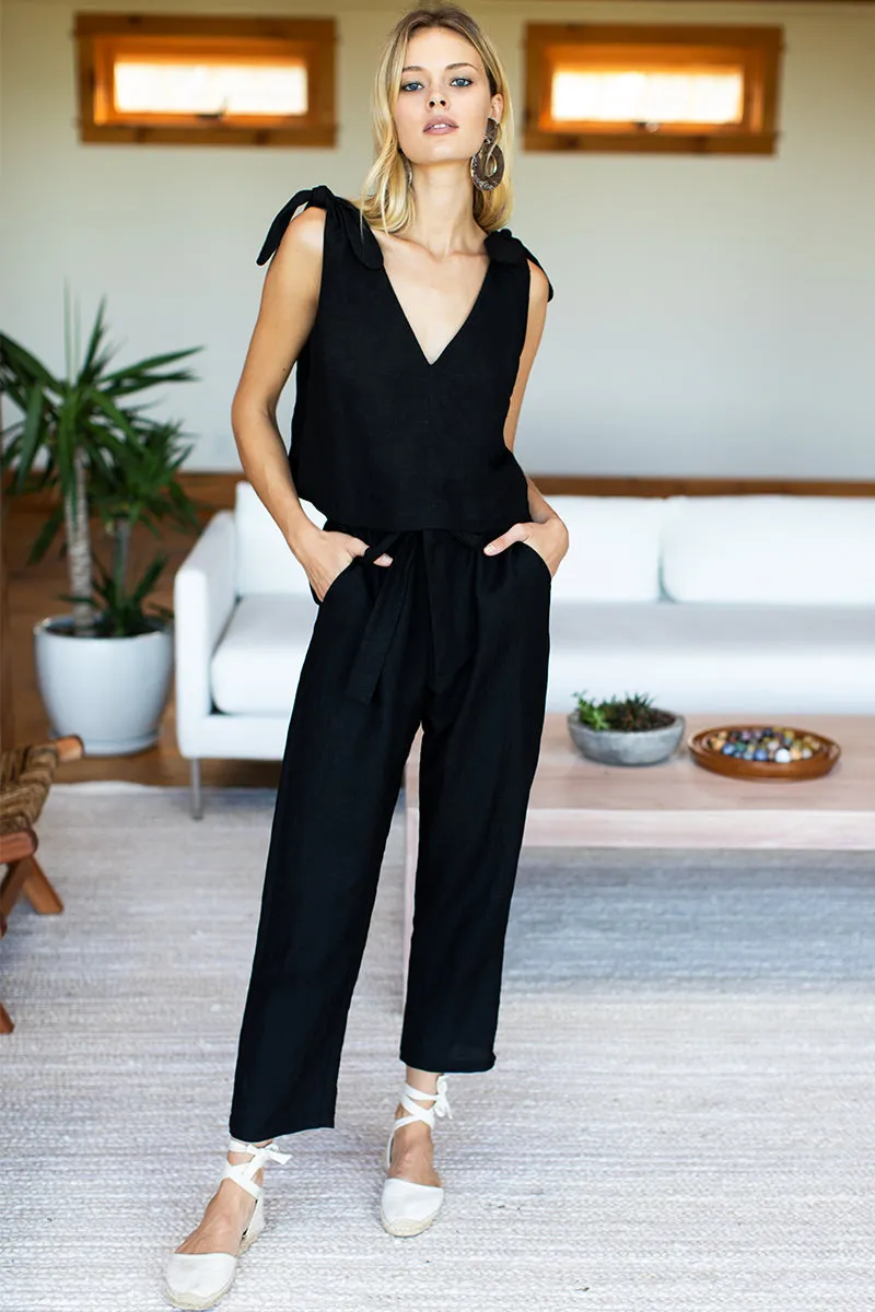 Tie Shoulder Mod Top - Black Linen